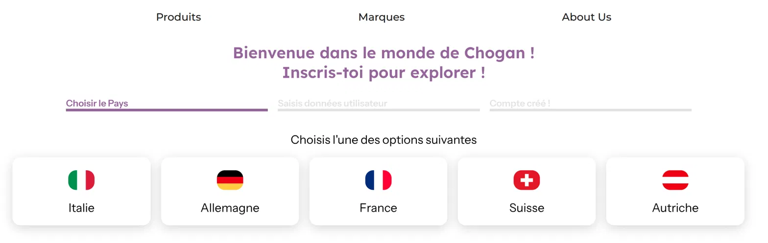 Écran de choix du pays de résidence