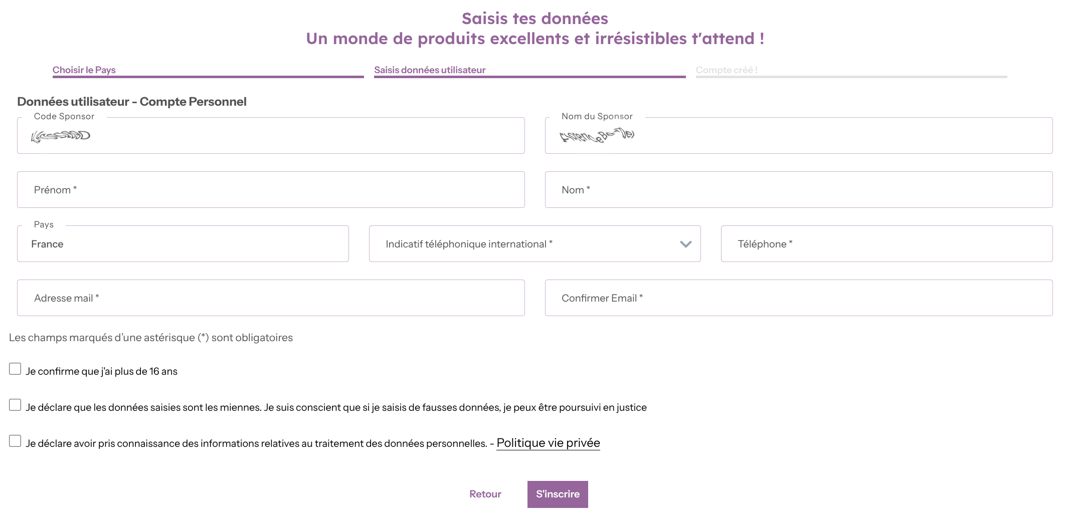 Formulaire d'inscription avec sponsor pré-rempli