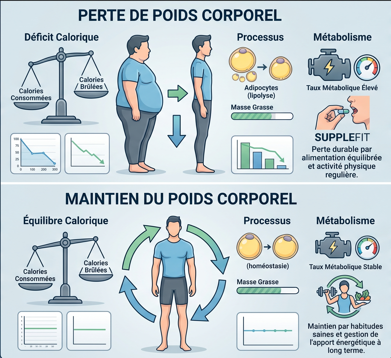 Infographie Supplefit sur les mécanismes de gestion du poids